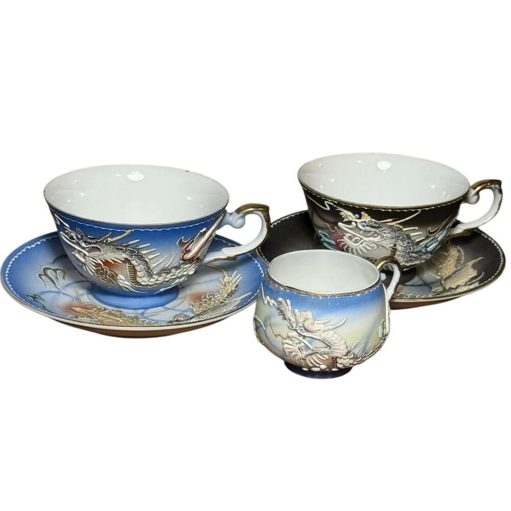Vintage Japanese Lithophane Dragonware Tea Cups Saucers Geisha Bottom Moriage